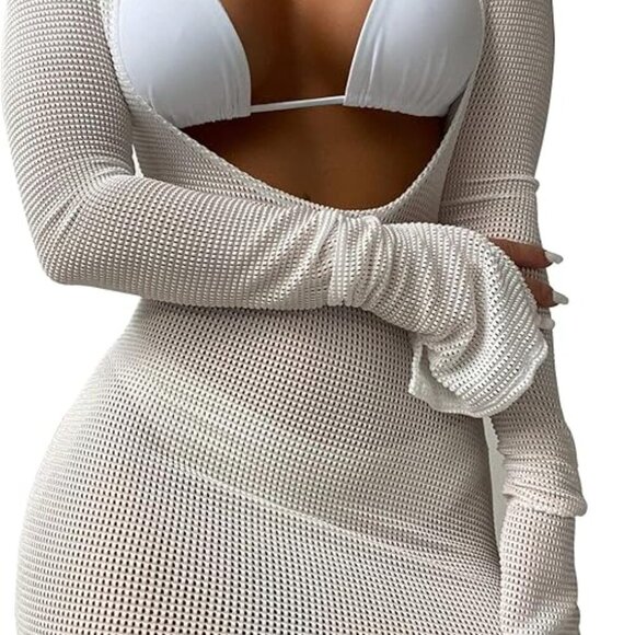 Sexy Long Sleeve Mesh Swimsuit 3 Pieces Cover Up Bikini Set - Picture 3 of 5